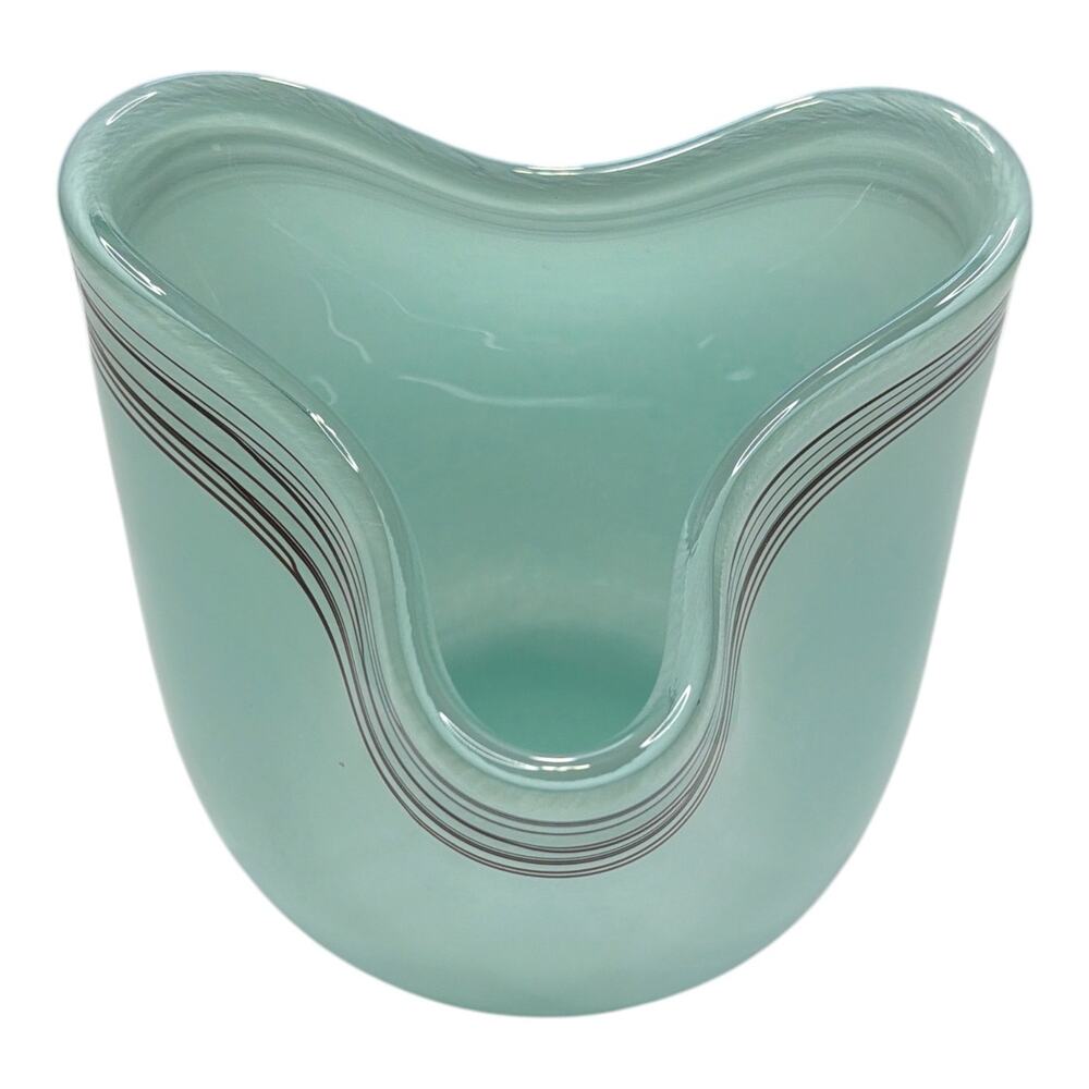 Art Glass Slump Vase Turquoise Green Black Threading Tilted Abstract Bowl Unique